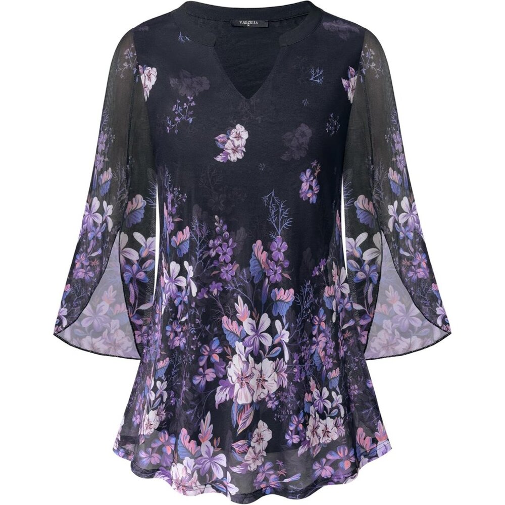 〽️Women's Black Violet Mesh 3/4 Sleeve V Neck Lose Fit Double Layers Tunic Tops